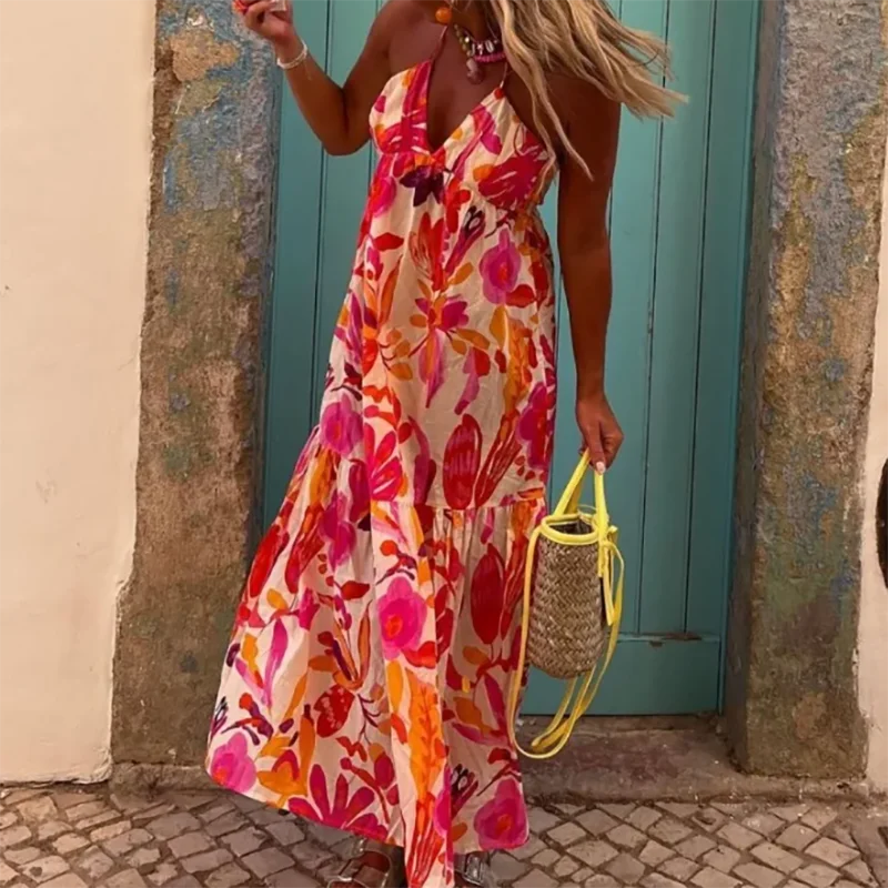 Vestido de fiesta Sexy sin mangas y espalda descubierta, vestido largo bohe elegante con escote en V profundo, vestido de vacaciones con estampado de patrón a la moda para mujer