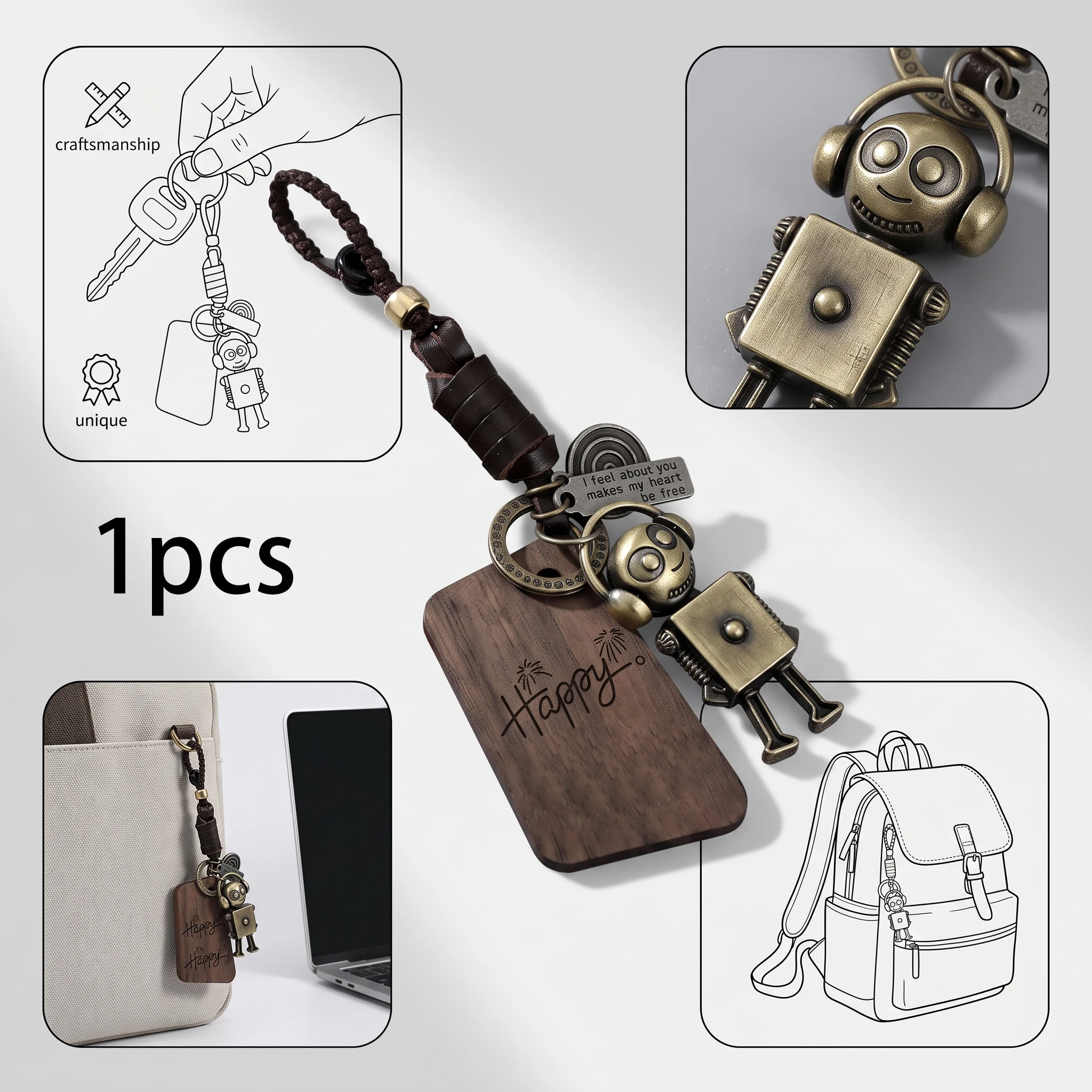 Retro earphone robot keychain, movable joint robot pendant Happy engraving wooden plate braided leather rope, car keychain