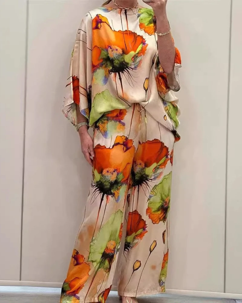

Fashionable casual bat sleeve top elastic waist wide leg pants set for spring/summer 2025 new women's clothing
