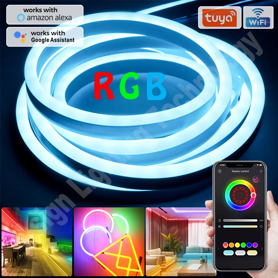 220V Smart RGB LED Neon 5050 Strip Flexible Tape IP67 Waterproof Ribbon Light IR/Bluetooth/Tuya Wifi Control Work With Alexa