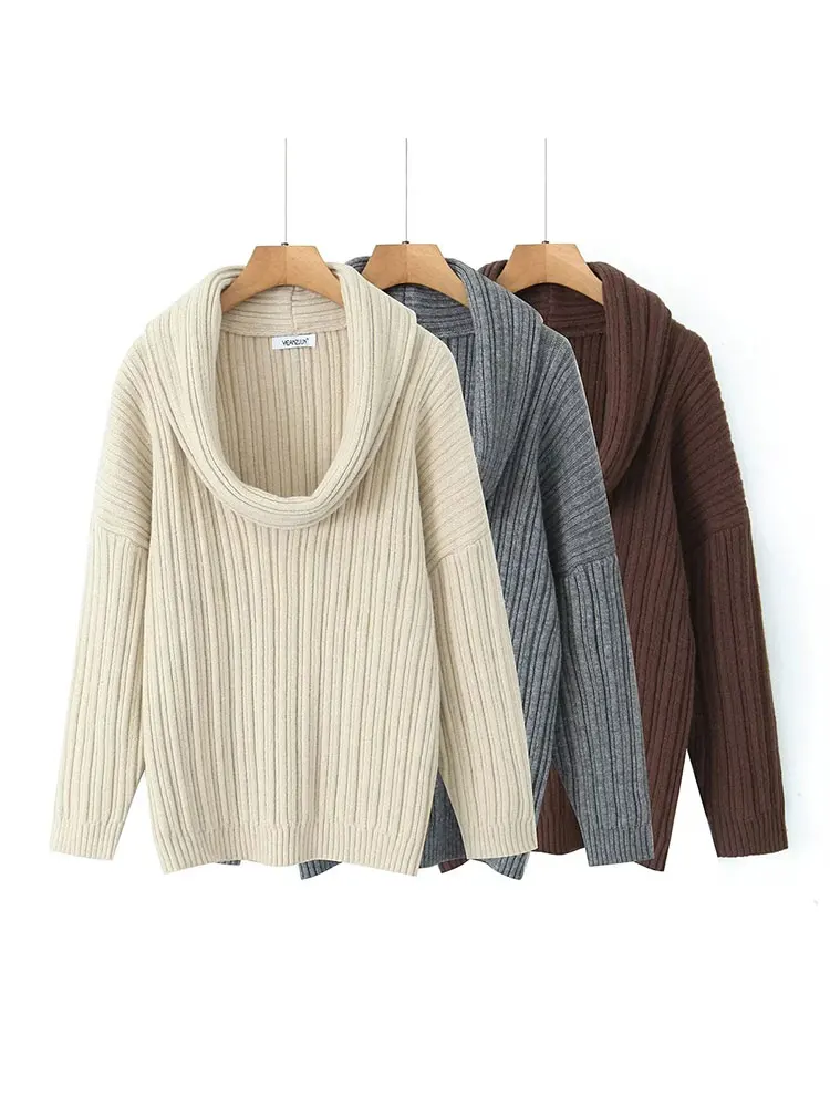 TRAF 2024 Autumn Fashion Loose Slash Neck Knit Pullovers Women Casual Long Sleeve Thick Sweater Womens Knitwear Streetwear