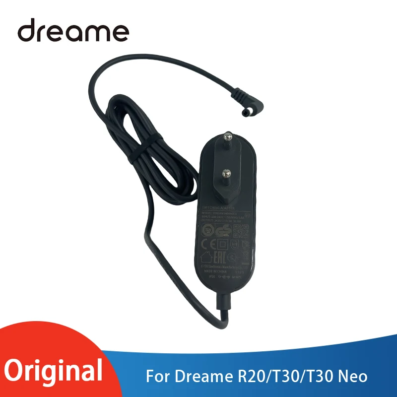 Original Charging Adapter with EU Plug Spare Parts Accessories for Dreame R20 / T30 / T30 Neo Vacuum Cleaner Charger Black