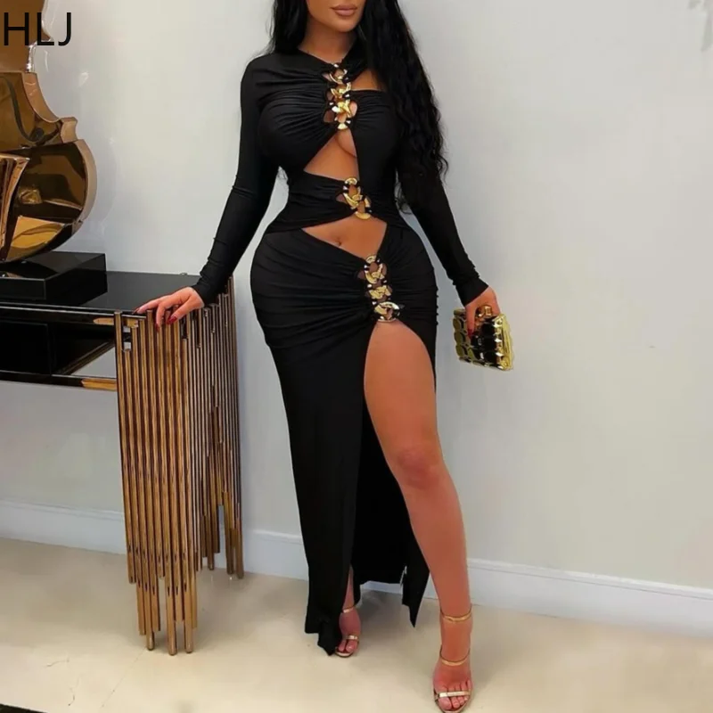 

HLJ Sexy Hollow Out Irregular Patchwork Long Dresses 2025 Woman Solid Long Sleeve High Split Bodycon Dress Female Vestidos New
