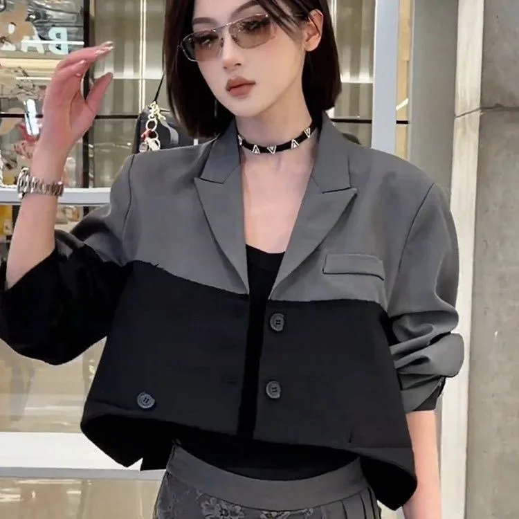 Korean Fashion Color Block Double Sided Short Suit Jacket Women's 2026 Spring Autumn New All Match Slimming Personality Jacket