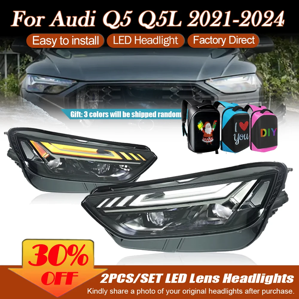 

2PCS Car Head Lamps for Audi Q5 LED Headlight 2021 2022 2023 2024 Headlights DRL Turn Signal High Beam Angel Eye Projector Lens