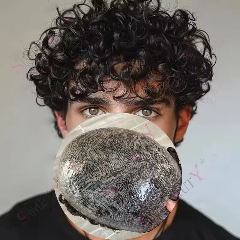 

20 мм вьющиеся афро мужские черные, серые, коричневые парики из 100% человеческих волос, полная искусственная кожа, мужская система замены микрокожи, капиллярный протез