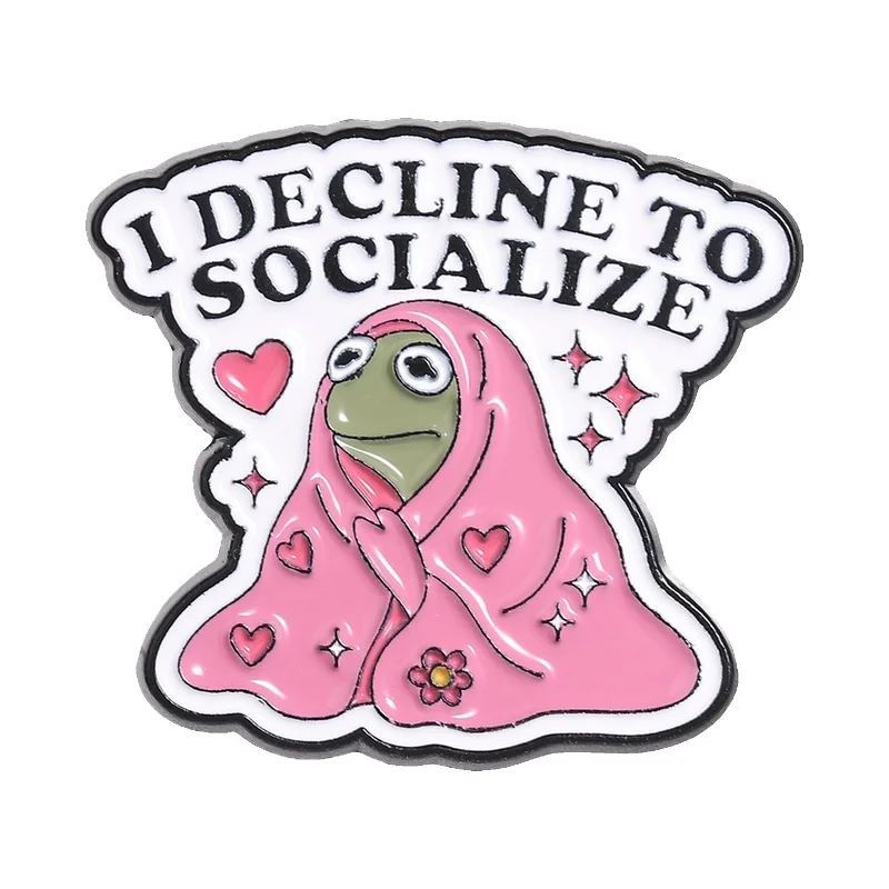 

I Decline To Socialize Enamel Pin Socially Anxious Frog Wrapped in Pink Heart Blanket Brooch Lapel Badge Jewelry Gift for Friend