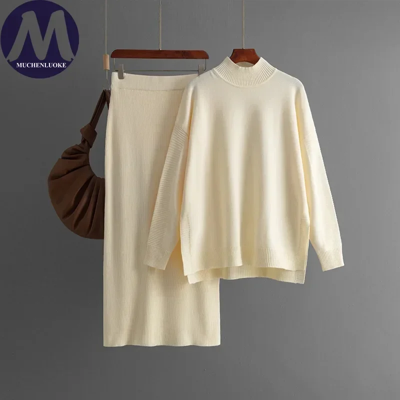 

Элегантные женские комплекты, осенне-зимний новый вязаный свитер с высоким воротником, верхние костюмы, модная повседневная сумка на половину тела, комплект с юбкой на бедрах