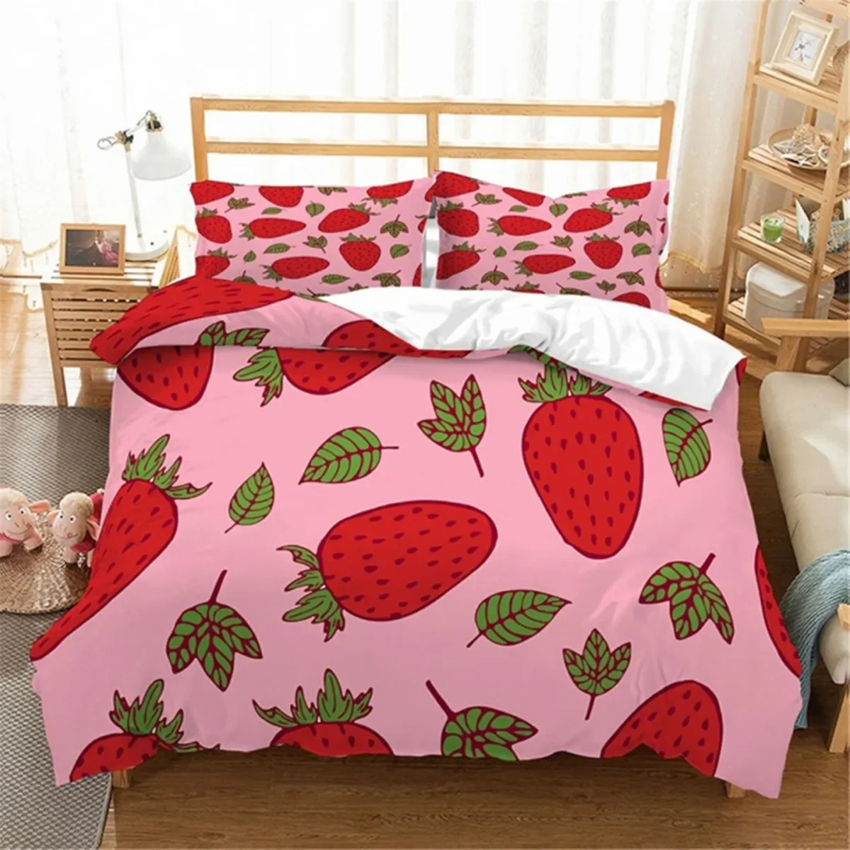 Red Strawberry Pink Lovely Summer Fruit Tree Leaf Duvet Cover for Children Girls Gifts Room Decorations Polyester