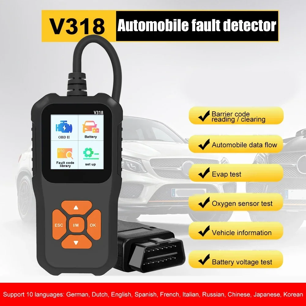 V318 OBD2 Car Scanner Diagnostic Tool Multilingual, Automotive Inspection Equipment