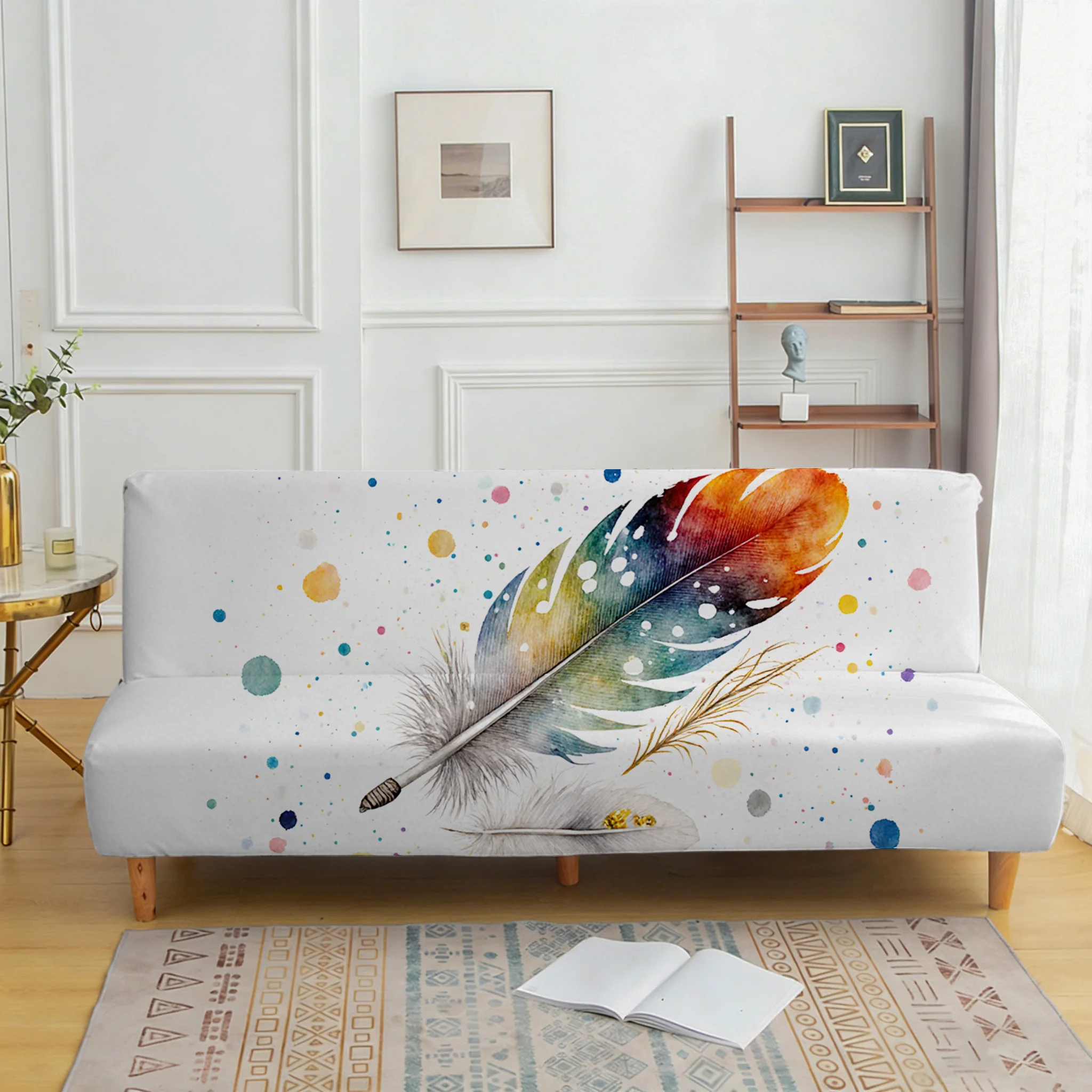 Color feather print elastic sofa bed cover, living room sofa bed cover, dustproof machine washable sofa bed cover