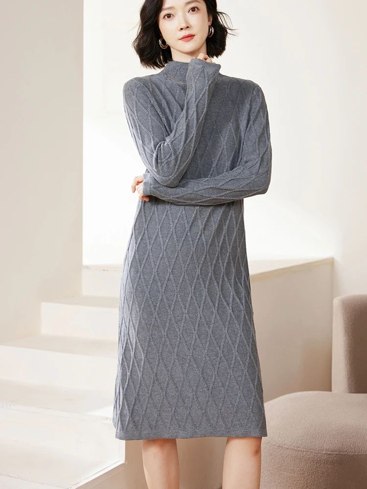 Robe pull à demi-col roulé pour femme, pull long Argyle, vêtements décontractés pour femme, automne et hiver