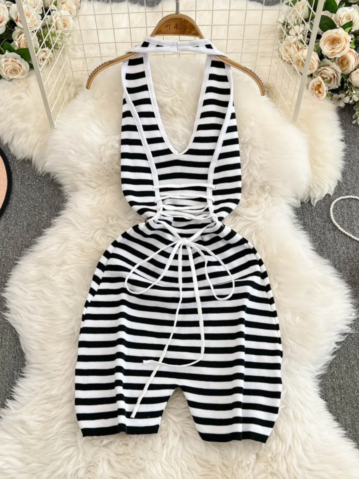 Foamlina American Women\'s Summer Strap Backless Striped Jumpsuit Top Girl\'s Slim Bodycon Design Short Pants Bodysuit