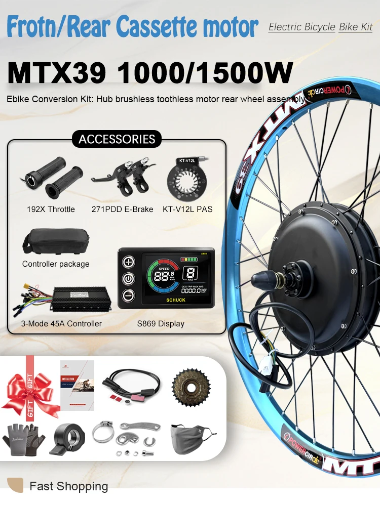 AliExpress NONE Electric Bicycle Conversion Kit 48V 1000W 1500W e-bike MTX Blue Color Rim Front/Rear Wheel hub motor bike for Mountain bike kit