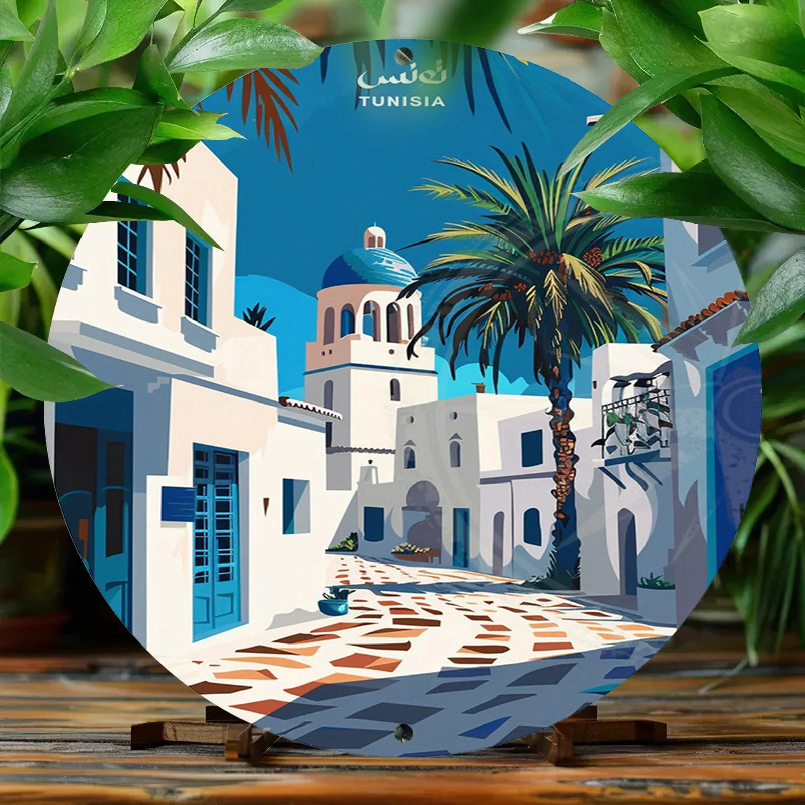 1 piece Tunisian street scene round aluminum metal sign - 20.32x 20.32cm vintage engraved round wreath wall art - scratch-resistant, UV-resistant, and flame-retardant