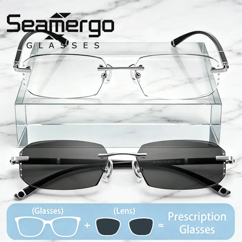 SEAMERGO 1.61 Index Photochromic Glasses Fashion Luxury Diamond Prescription Glasses Women Men Rimless Optical Lenses Recipe