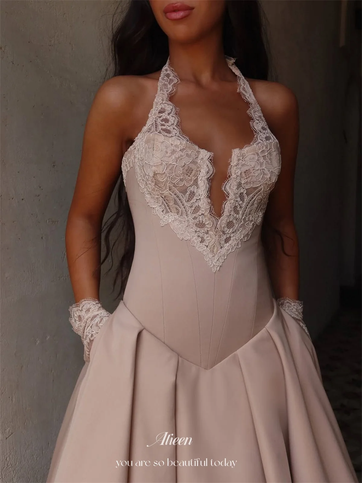 Aileen Satin Halter Champagne Ball Gown Bridal Wedding Dress Elegant Neckline Featuring Intricate Floral Bodice Lace Customized