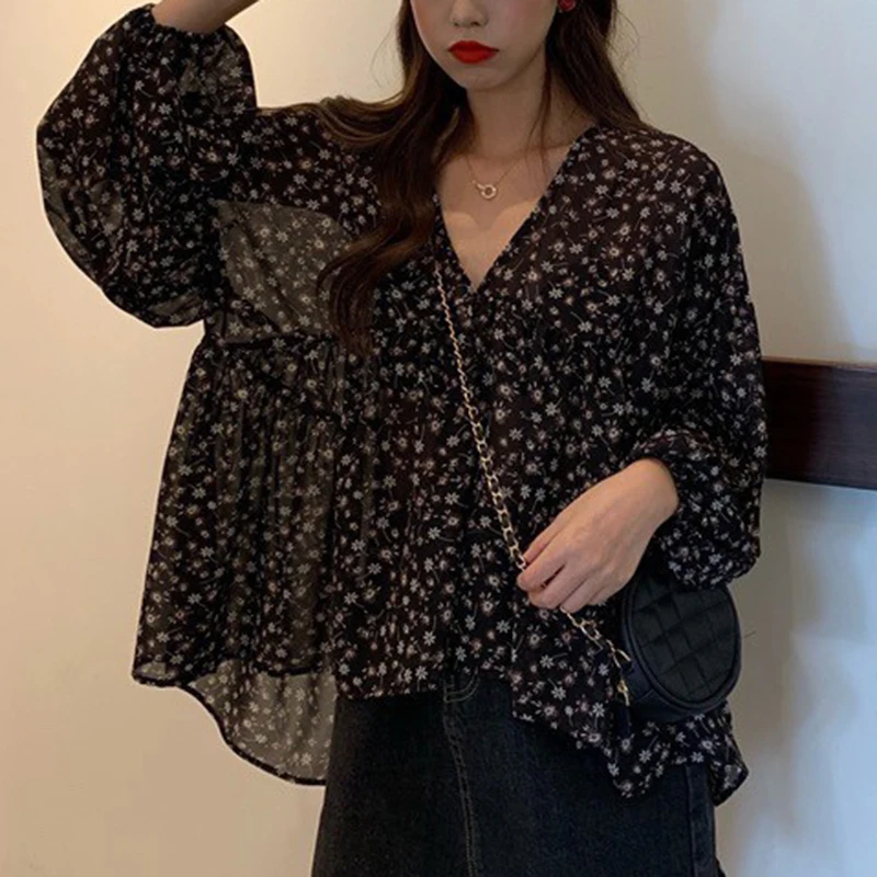 

V-neck Chiffon Shirt Women Sweet Tops Blouse 2026 Spring Korean Floral Print Long Sleeve Casual Loose Slim Lady Clothes New