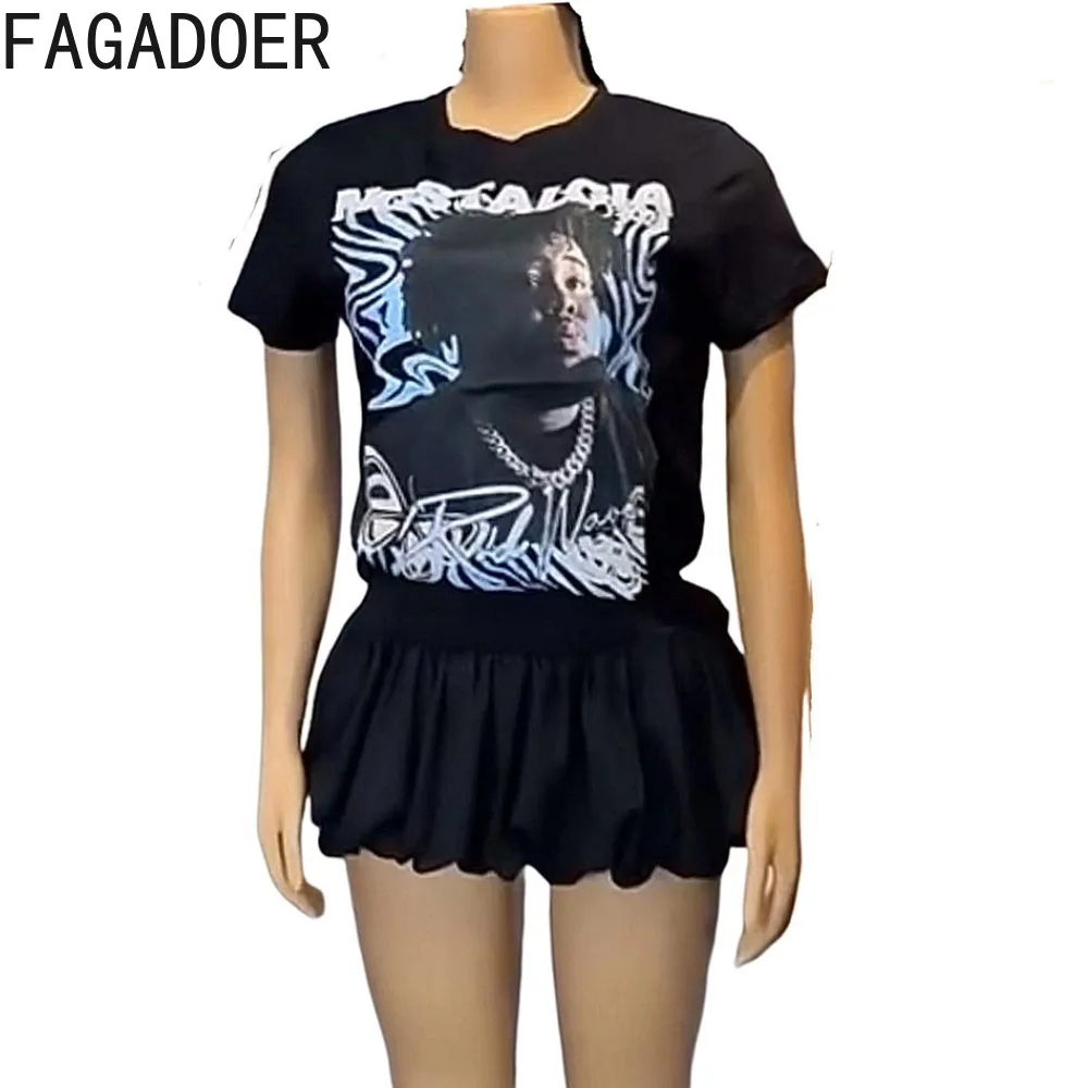 FAGADOER Black Fashion Y2K Streetwear Women Graphic T Shirts And Mini Puffy Mini Skirts Two Piece Sets Female Trend 2pcs Clothes