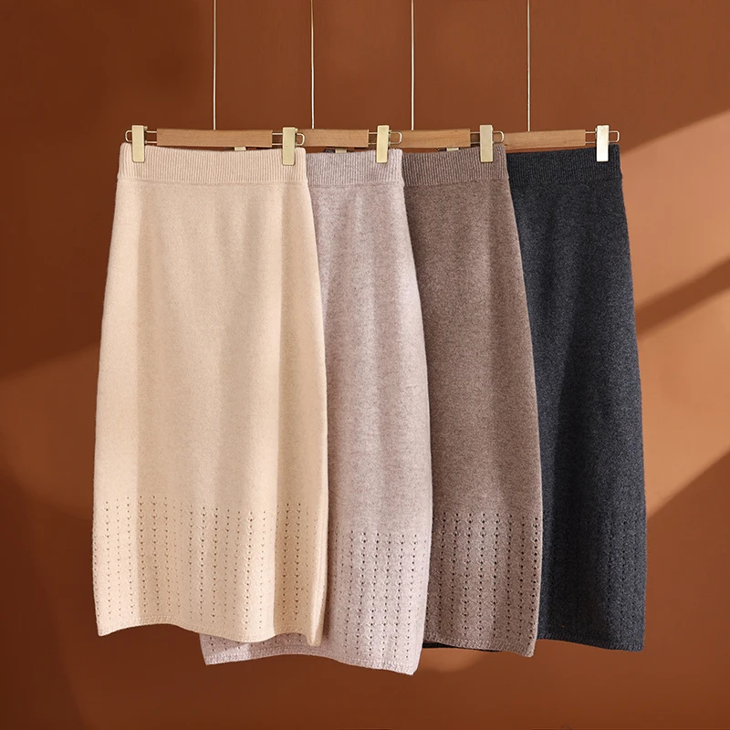 Women's Merino Wool Knit Midi Skirt Solid Plain Knit Straight Skirt With Vertical Hollow Hem For Casual Errands Autumn Winter