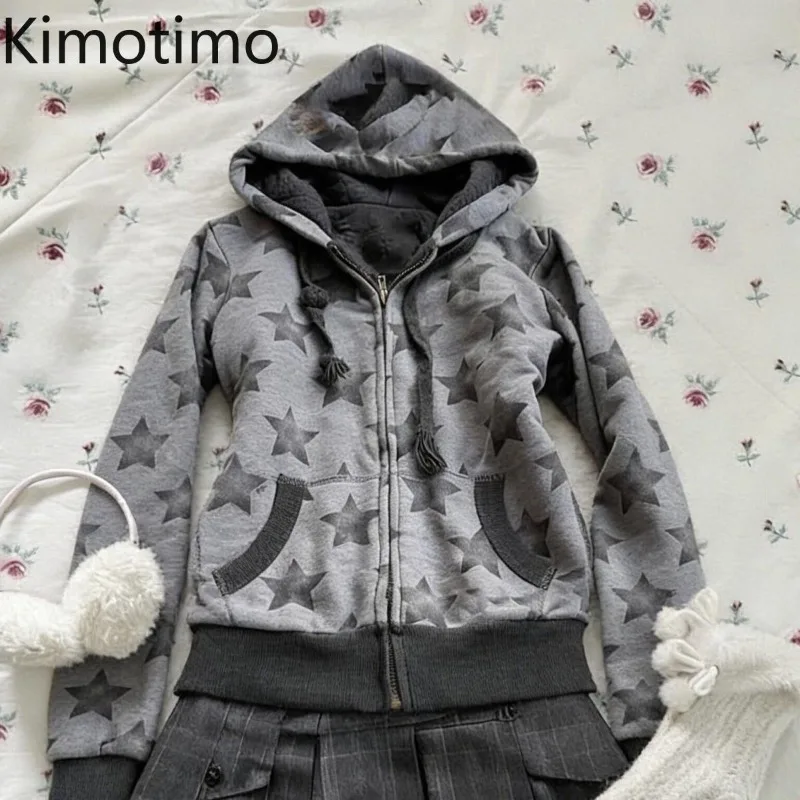 Kimotimo Vintage Gray Star Print Hoodies Women Autumn Winter Punk Slim Zip Up Pockets Sweatshirt Harajuku Y2k Gothic Jacket Tops