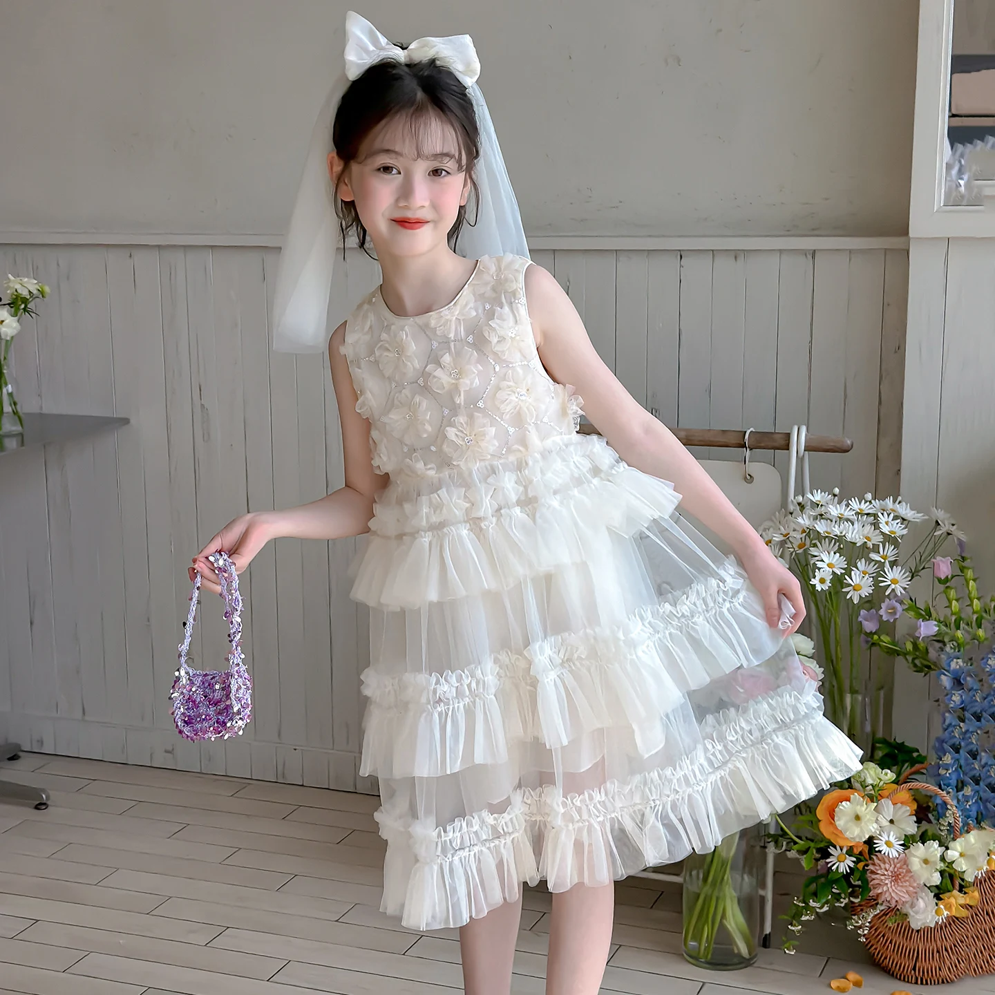 Kids Dresses For Girls White Tiered Tulle Princess Wedding Flower Girl Dress Birthday Party Pageant Gown Kids 6 7 8 9 10 11 12 Y