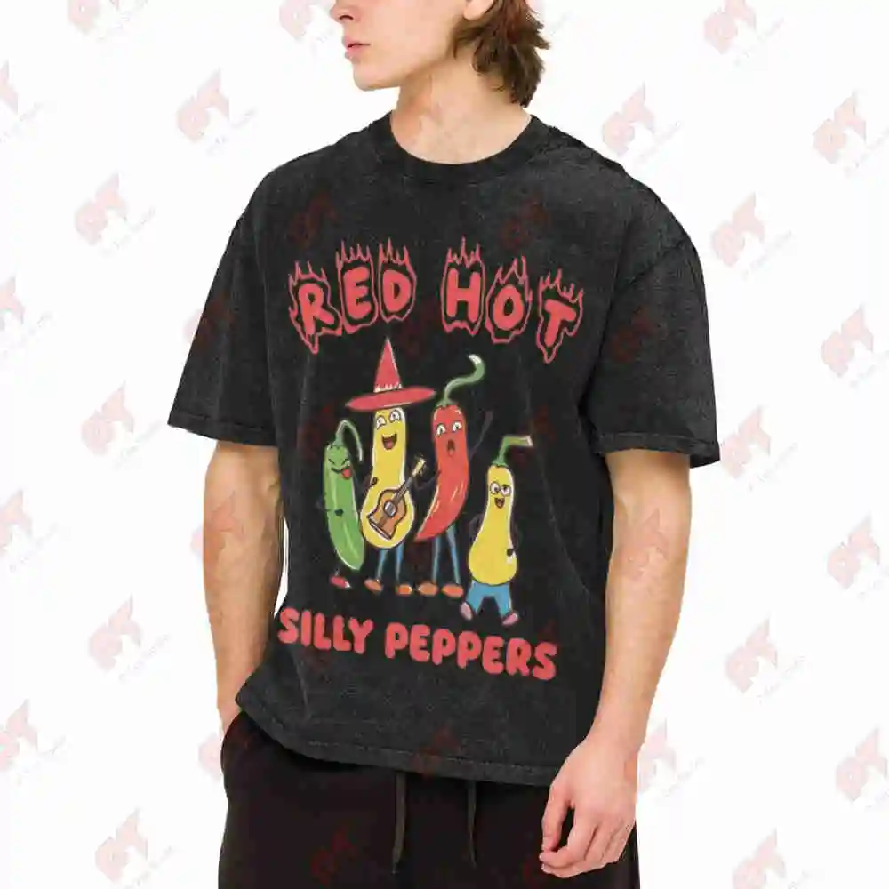 Red Hot Silly Peppers Grunge Clowncore Weirdcore Vintage Washed Tee Pure Cotton T-Shirt