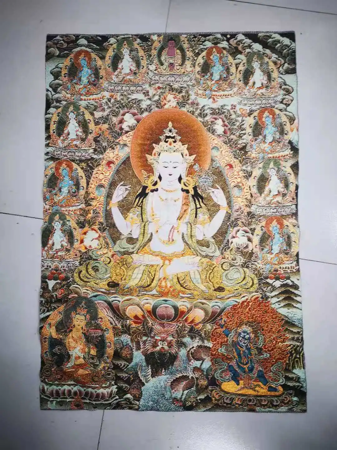 36 inch Tibet Silk embroidery Nepal White tara Buddha Tangka Thangka Paintings family wall decorated the mural