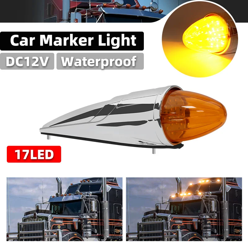 CF 1Pc 12V 17LED Amber Truck Roof Marker Light Chrome Cab Clearance Lamp Waterproof Running Light for Pickup Truck Trailer