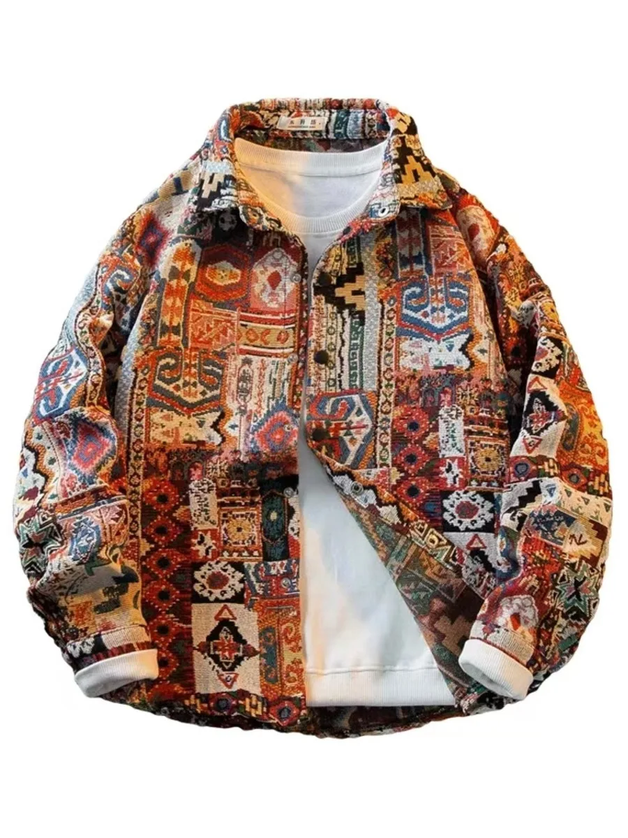 Vintage Ethnic Style Shirt Jacket Men Long Sleeve Trendy Rascal Handsome Casual Loose High Street Shirt Coat Tops Male Clothes