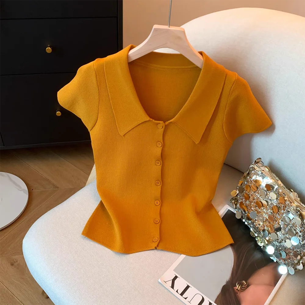 

Korean Style V-Neck Knitted Cardigan Women's Summer Short Sleeve single-breasted Knitwear Tops Solid Color Slim Fit Simple Tops