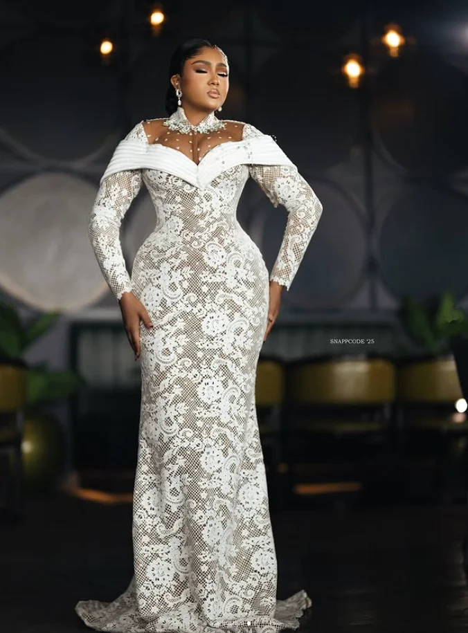 Luxury Elegant Mermaid African Wedding Dresses Sheer Neck Long Sleeve Lace Applique Garden Bridal Gown Customized Blacklove