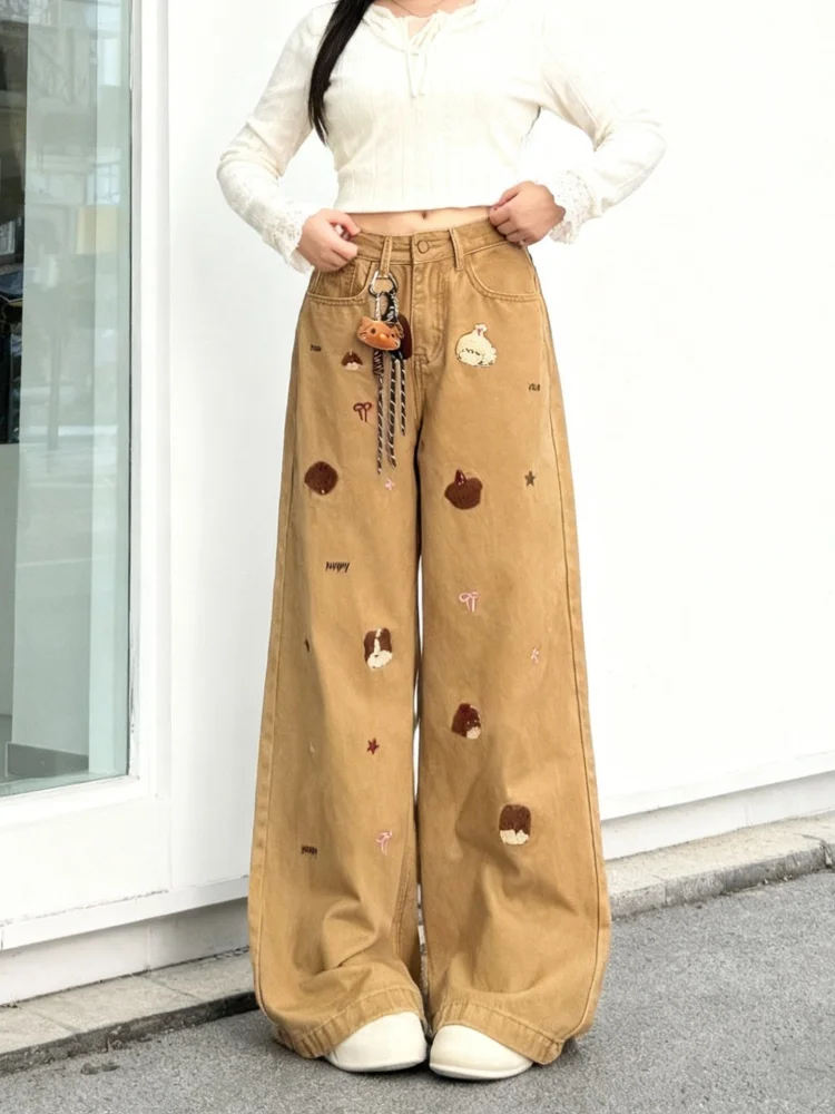 

American Sle Cartoon Bear Embroidery High Waist Straight Leg Denim Pants Women's Spring Loose Wide Leg Jeans Casual Wear