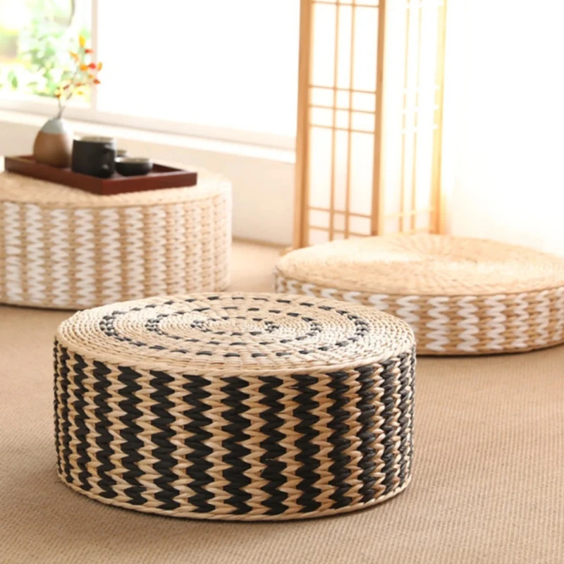 40/45cm Round Woven Straw Pouf Japanese Tatami Cushion Zafu Meditation Mat for Yoga Floor Seating or Ottoman Stool