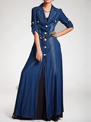 Women's Sexy Dress Riveted Denim Off the Shoulder Strap Half Sleeve Pockets Vintage Casual Straigth Autumn Fashion Long Dress