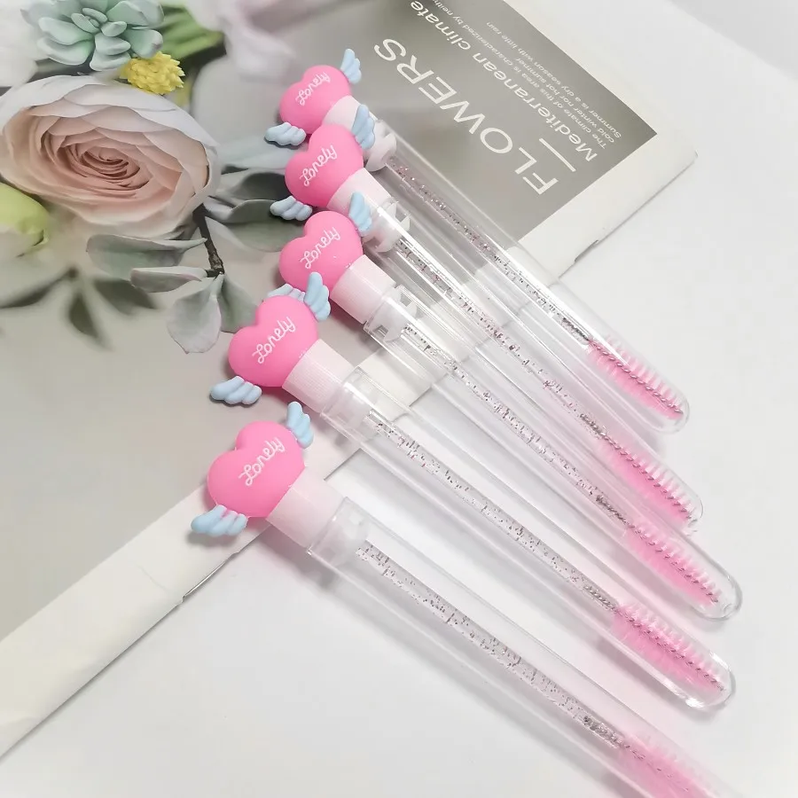Atacado forma de coração asa de anjo escova de cílios tubo de cristal rímel varinha tubos maquiagem pente sobrancelha escova portátil rímel escova
