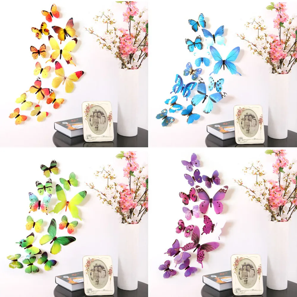 12pcs 3D Butterfly Wall Stickers Rainbow Home Decor Wall Fridge decoration stickers Party Wedding Display decoracion