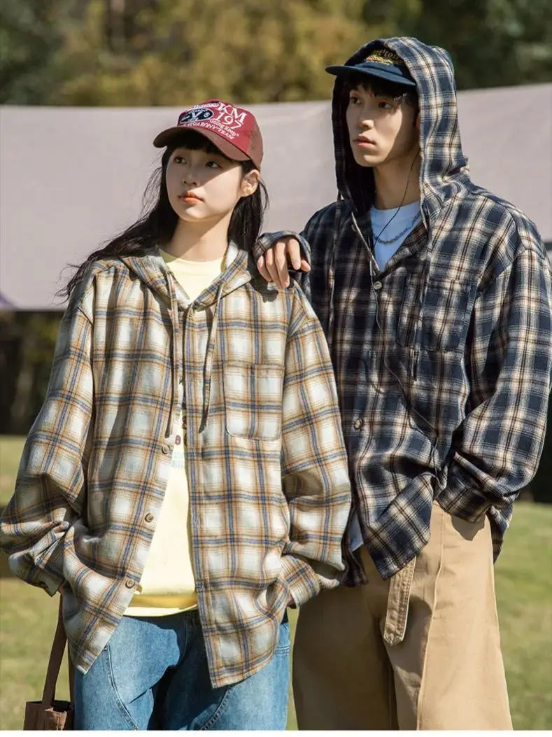 Plaid T- Shirt Women Men Couple Vintage Long Sleeve Shirt Clashing Hooded Drawstring Design Jacket Soft Loose