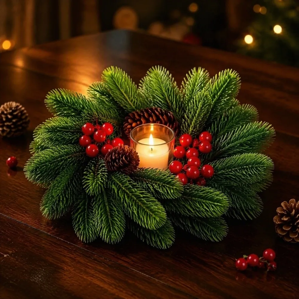 Simulated Christmas Wreath Candlestick Pinecone Handmade Red Berry Candle Wreaths Pine Needle Decorative Garland Candle Stand