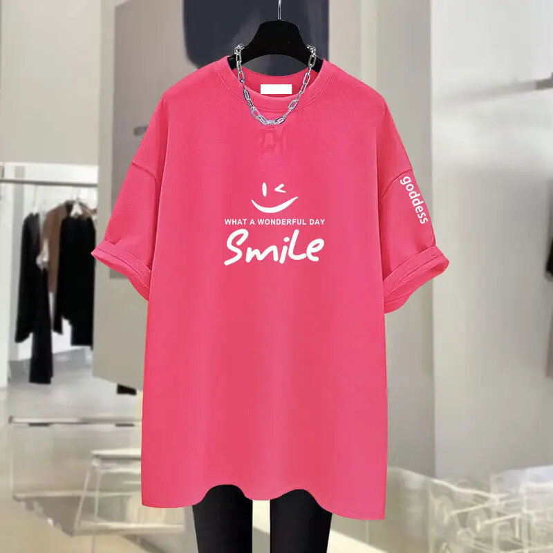 Summer Chic Hand-painted Letter Printing Top Tees Women Pure Cotton O-neck Short Sleeve Basic T-shirt Loose Pullover 45-105Kg