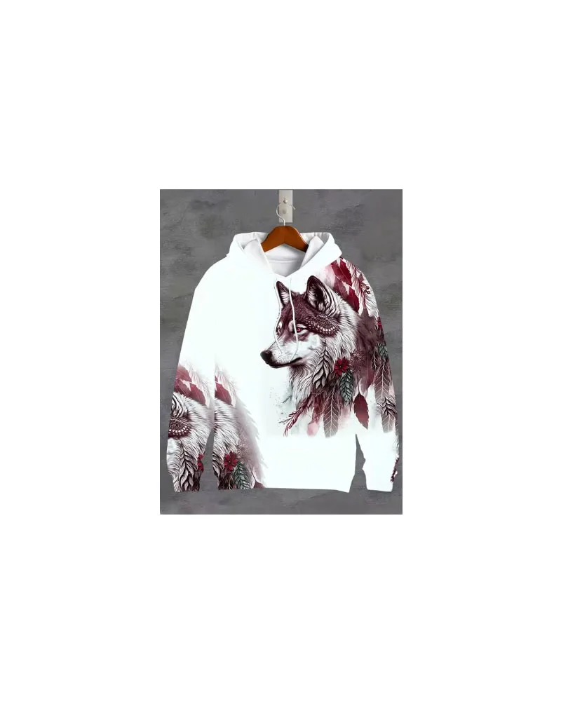 

Men's Retro Style Hooded Sweatshirt with Drawstring and Kangaroo Pocket, Wolf and Feather Pattern, Sports Hoodie for Fall