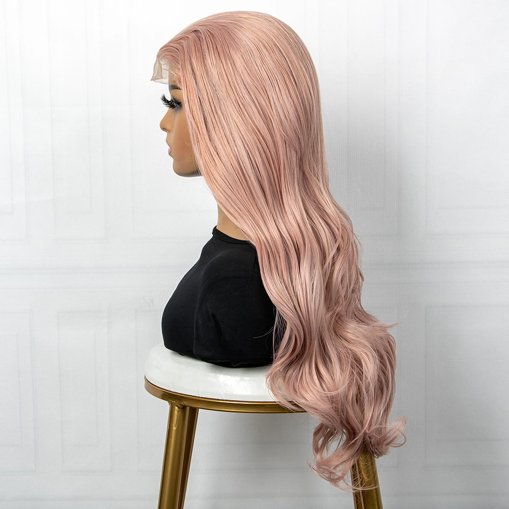 28 inch Light Pink Lace Front Synthetic Wig for Women Middle Part Natural Wavy T Lace Wig for Women Party Cosplay