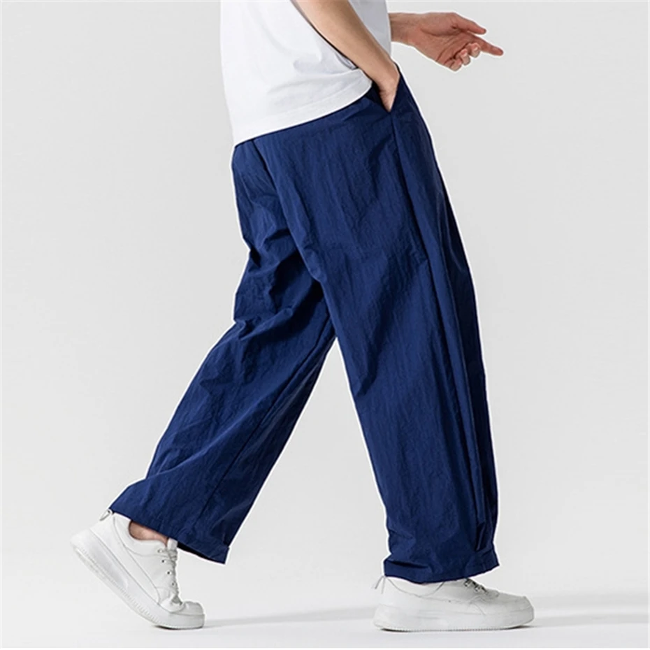 Large Size Thin Pink Pants Mens Summer Vintage Wide-leg Trousers Men Harajuku Japan Style Elastic Waist Baggy Casual Pant Male