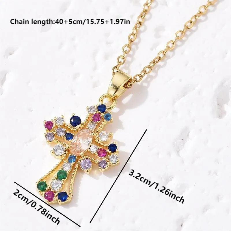 2023 New Shiny Colorful Zircon Decorated Cross Pendant Necklace Retro Palace Style Suitable for Holiday Banquet Parties