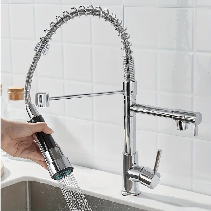 One Silvery Kitchen Hot And Cold Water Faucet, Multi-function Telescopic Sink Faucet, Kitchen Hot And Cold Water