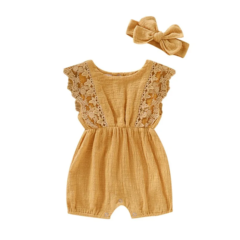 

Baby Girls Clothes Newborn Summer Jumpsuit Bow Headband Infant Cotton Sleeveless lace Romper 0-24 Month