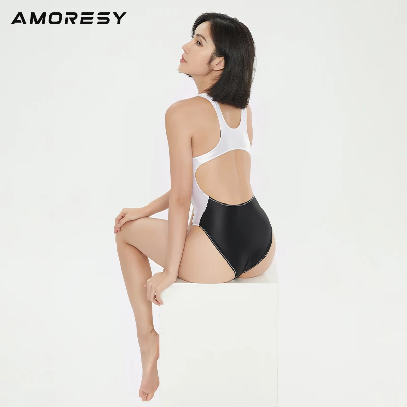 AMORESY-Maillot de bain noir et blanc brillant Aphrodite, coupe slim, sexy, pour les vacances de printemps, surf, compétition