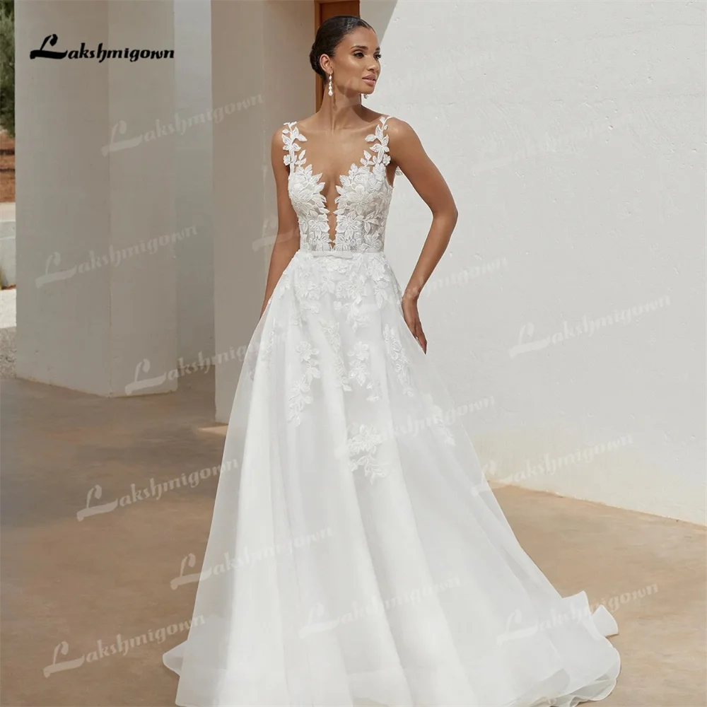 Unique Organza Lace Applique Spaghetti Straps A Line Customize Wedding Dress Sexy Plunging V Neck Bridal Gown robe de mariée