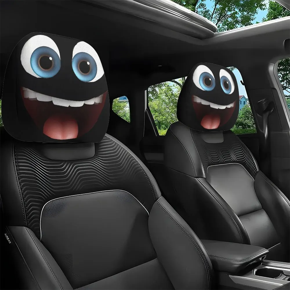 2Pcs Headrest Covers Car Funny 2Pcs Headrest Covers Horror 2Pcs, cartoon big eyes funny expression printed car head pillowcase,