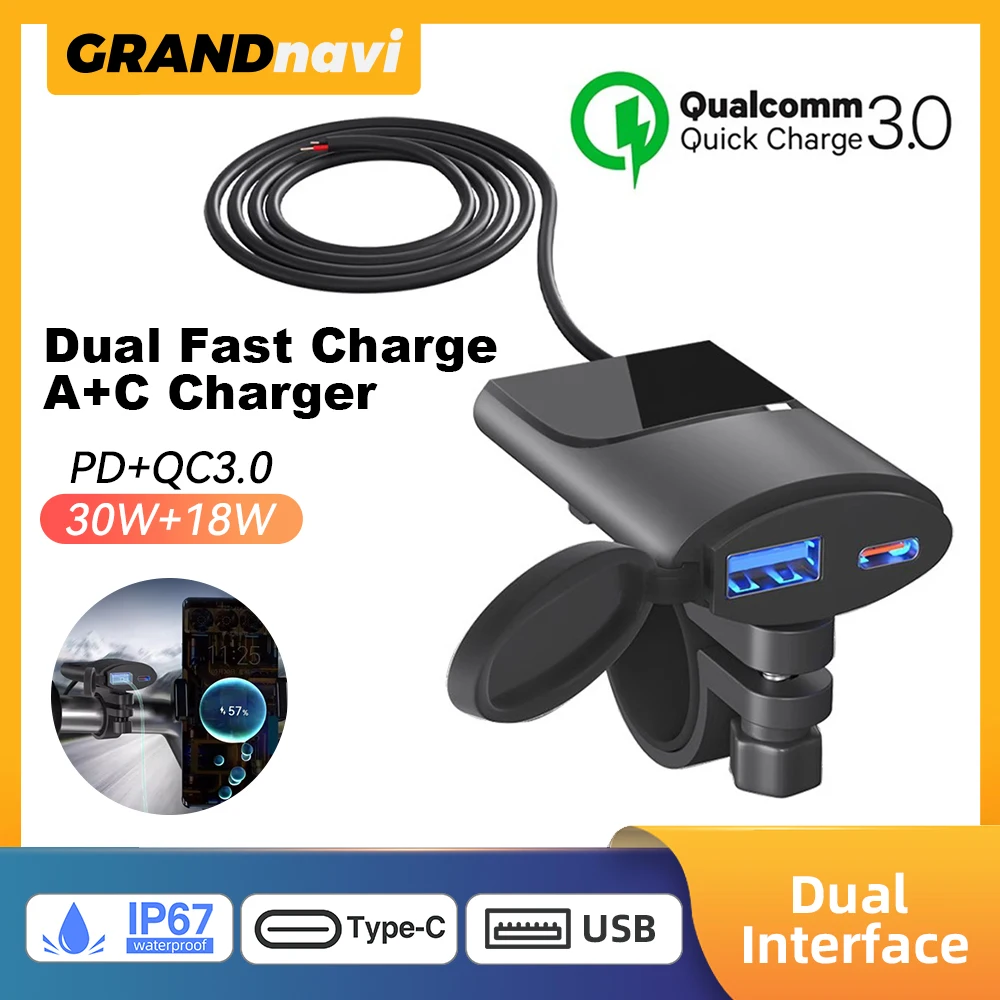 

PD+QC3.0 Motorcycle USB Fast Charger 48W Handlebar Dual USB Type-C Socket Voltmeter Waterproof 12V 24V Power Supply Adapter